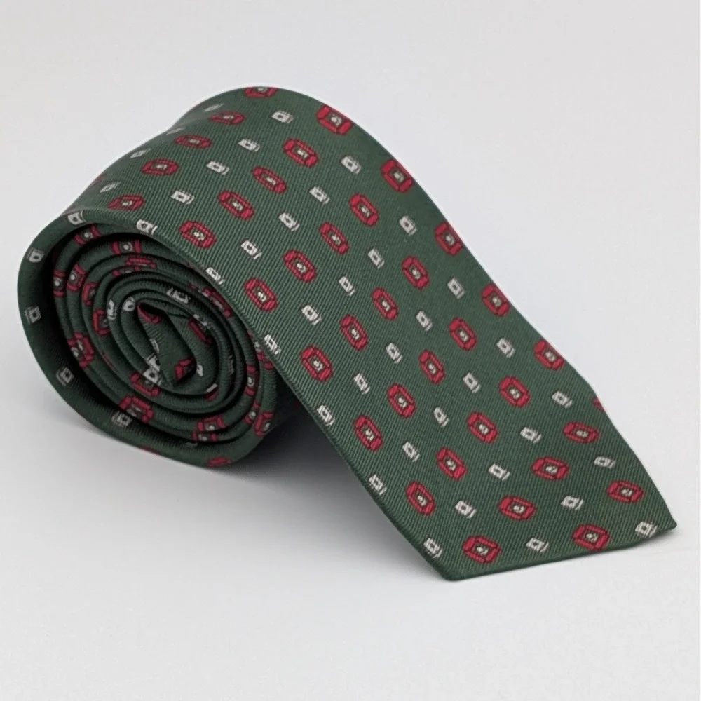 VTG Superba Silk Skinny Tie Green Red Geometric Medallion Retro Mod 55.5x2.5